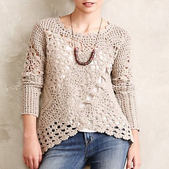 Anthropologie Handknit Posy Pullover Crochet Tan Sweater - Picture 2 of 4